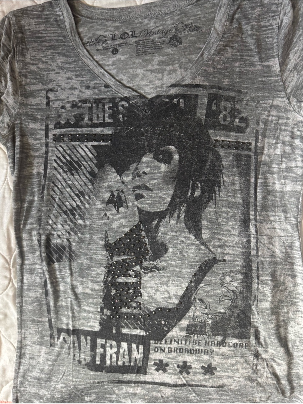 L.O.L. Vintage Gray Graphic V-Neck Tee with Black Portrait Print